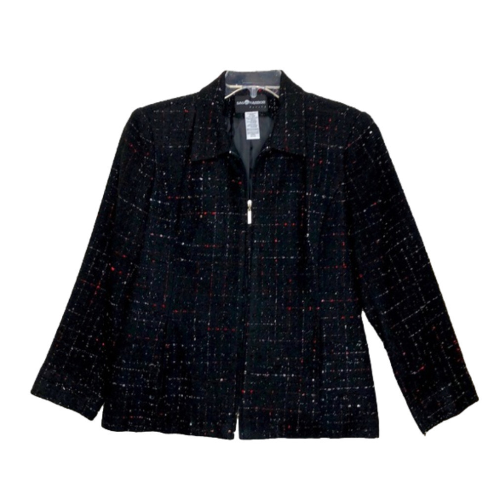 NEW - SAG HARBOR Black, Red, White Tweed Zip Front Blazer w/ Pockets - Size 12P